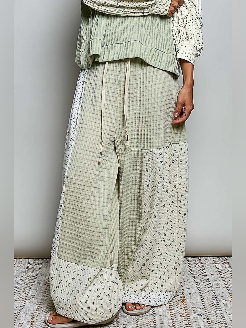 POL Sage & Cream Patchwork Jogger Pants